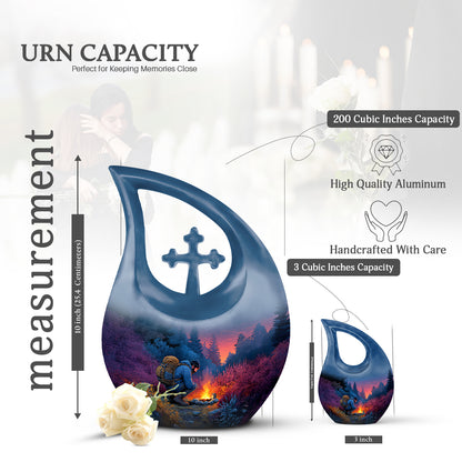 Serene Blue Campfire Cremation Urn back view with polished surface - faith-inspired cross-drop urn with campfire pattern - mini keepsake memorial for portion of cremation ashes