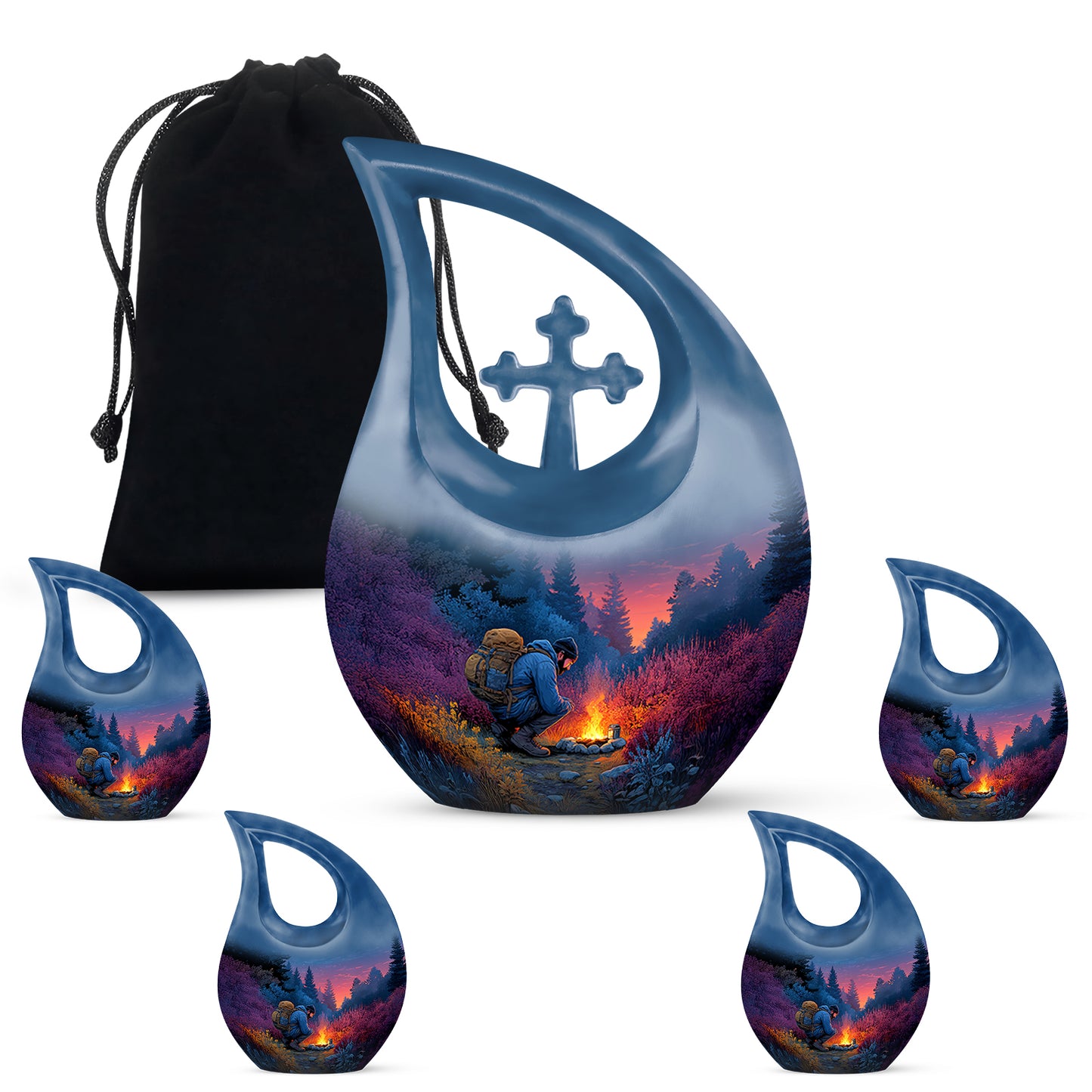 Sky Blue Campfire Cremation Urn urn with complimentary velvet bag - sacred cross merged with campfire motif on metal - memorial set with one large and four small urns