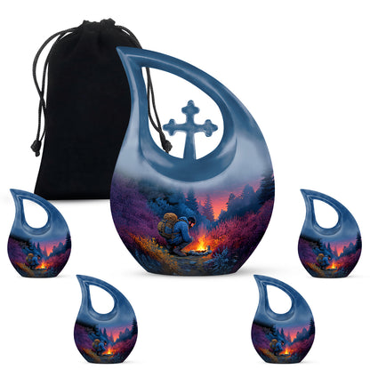Sky Blue Campfire Cremation Urn urn with complimentary velvet bag - sacred cross merged with campfire motif on metal - memorial set with one large and four small urns