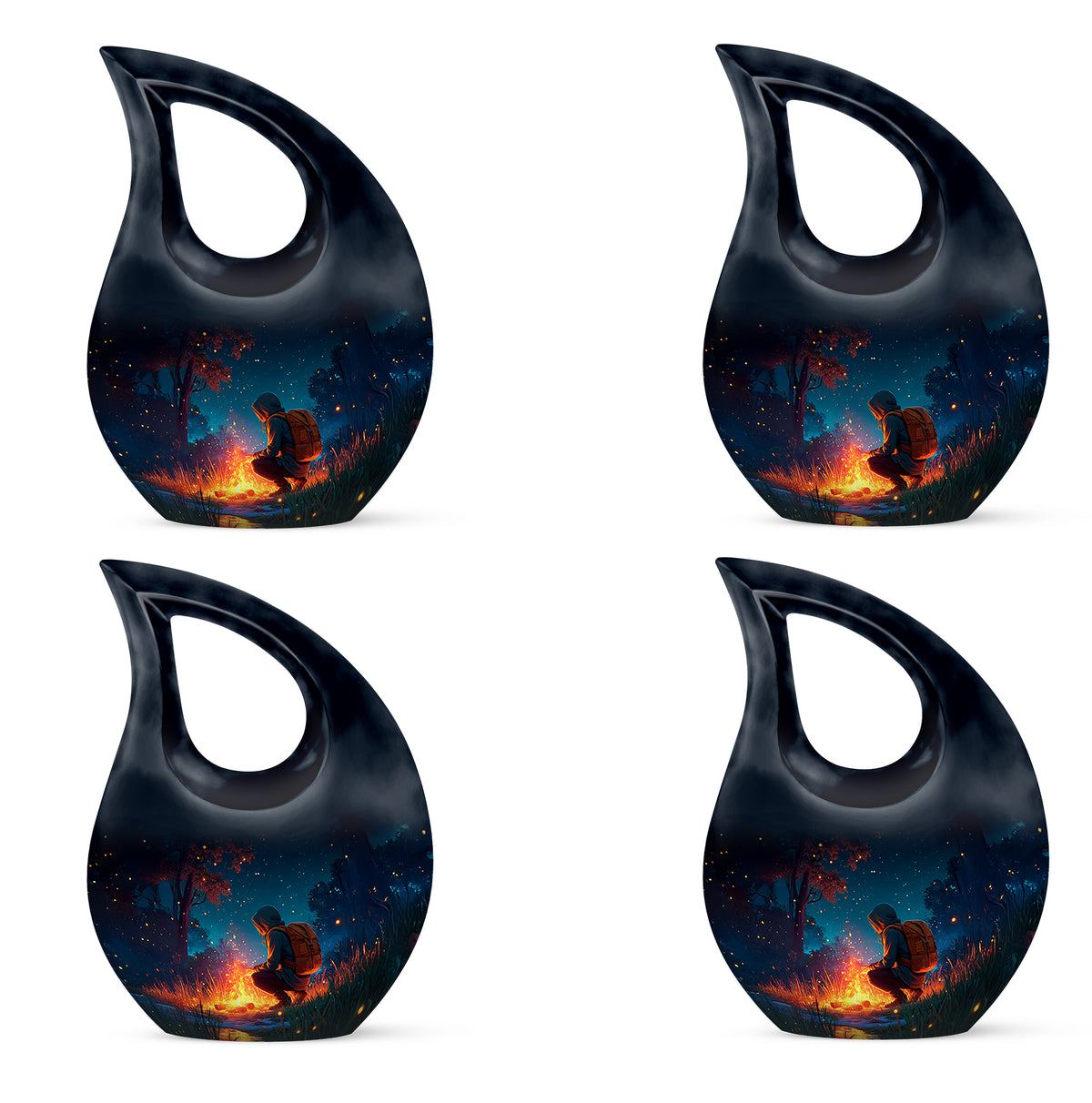 Misty Blue Campfire Cremation Urn lifestyle display on memorial shelf - sacred cross merged with campfire motif on metal - 10 inch aluminum urn for cremated remains