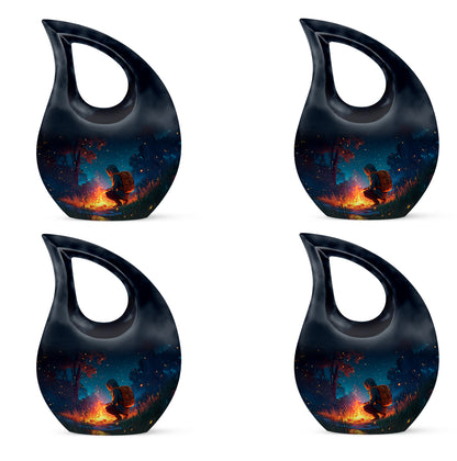 Misty Blue Campfire Cremation Urn lifestyle display on memorial shelf - sacred cross merged with campfire motif on metal - 10 inch aluminum urn for cremated remains