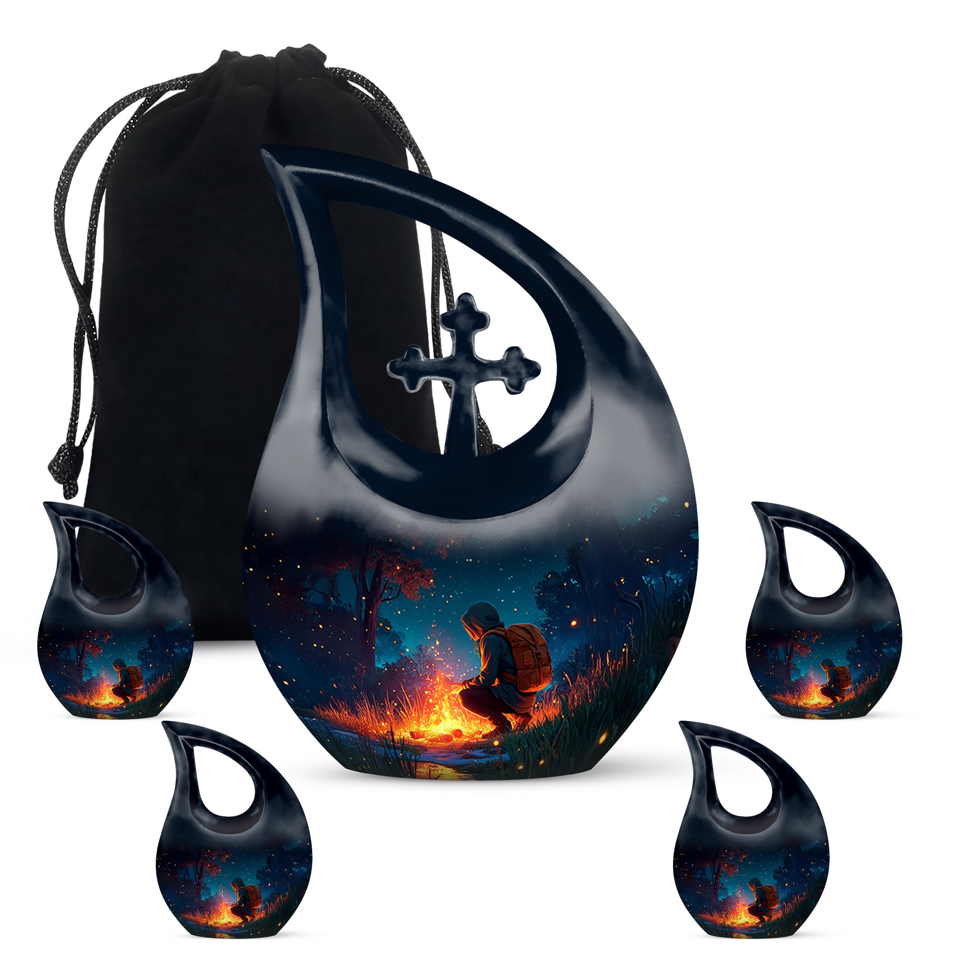 Azure Campfire Cremation Urn urn with complimentary velvet bag - sacred cross merged with campfire motif on metal - memorial set with one large and four small urns