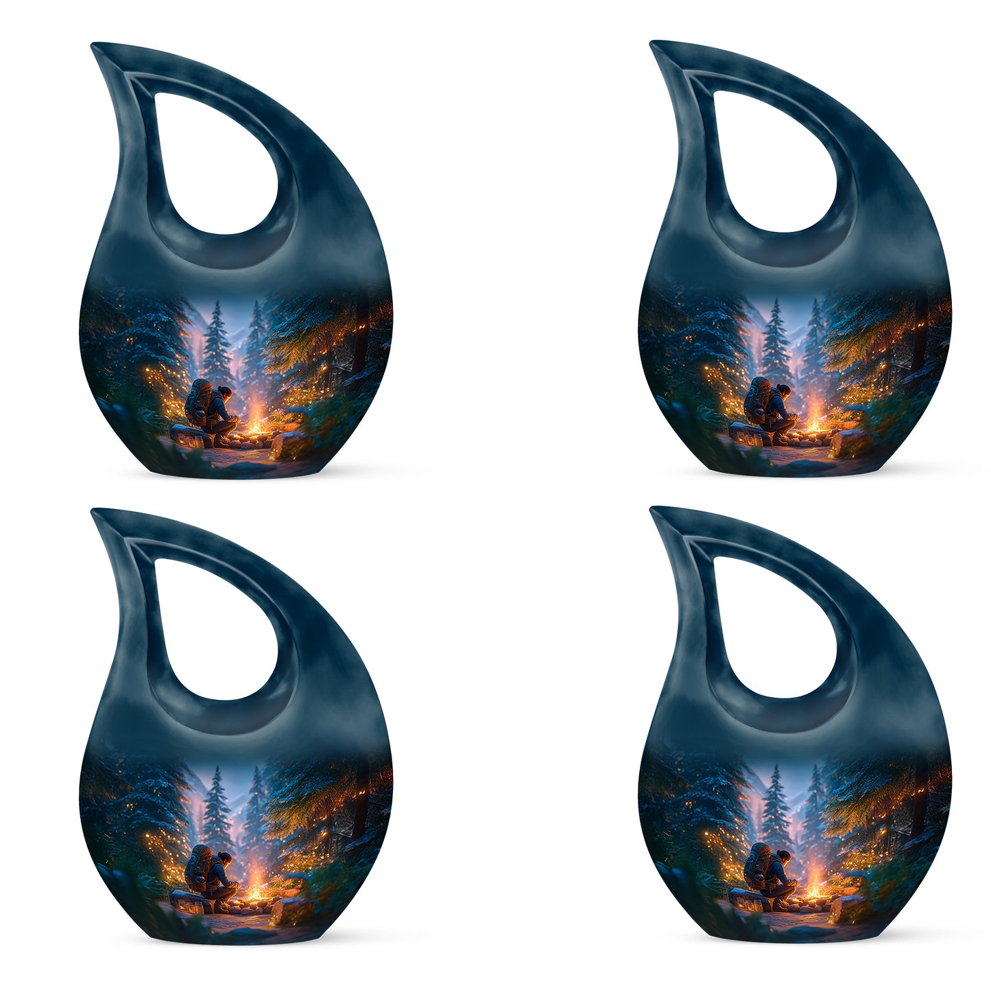 Celestial Blue Campfire Cremation Urn lifestyle display on memorial shelf - sacred cross merged with campfire motif on metal - 10 inch aluminum urn for cremated remains