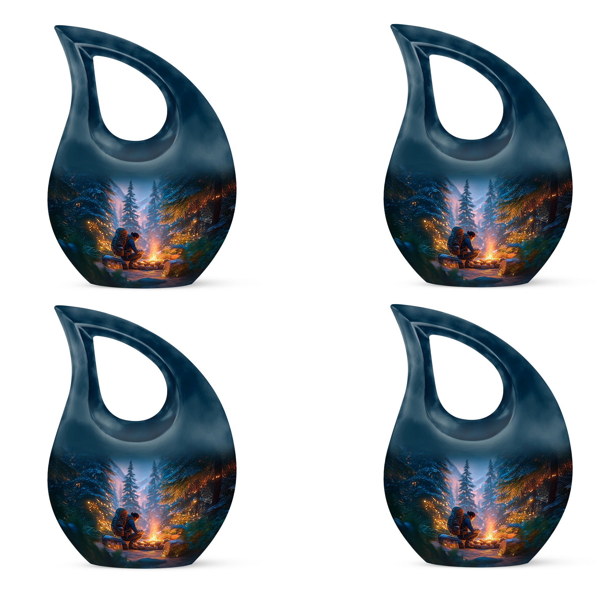 Celestial Blue Campfire Cremation Urn lifestyle display on memorial shelf - sacred cross merged with campfire motif on metal - 10 inch aluminum urn for cremated remains
