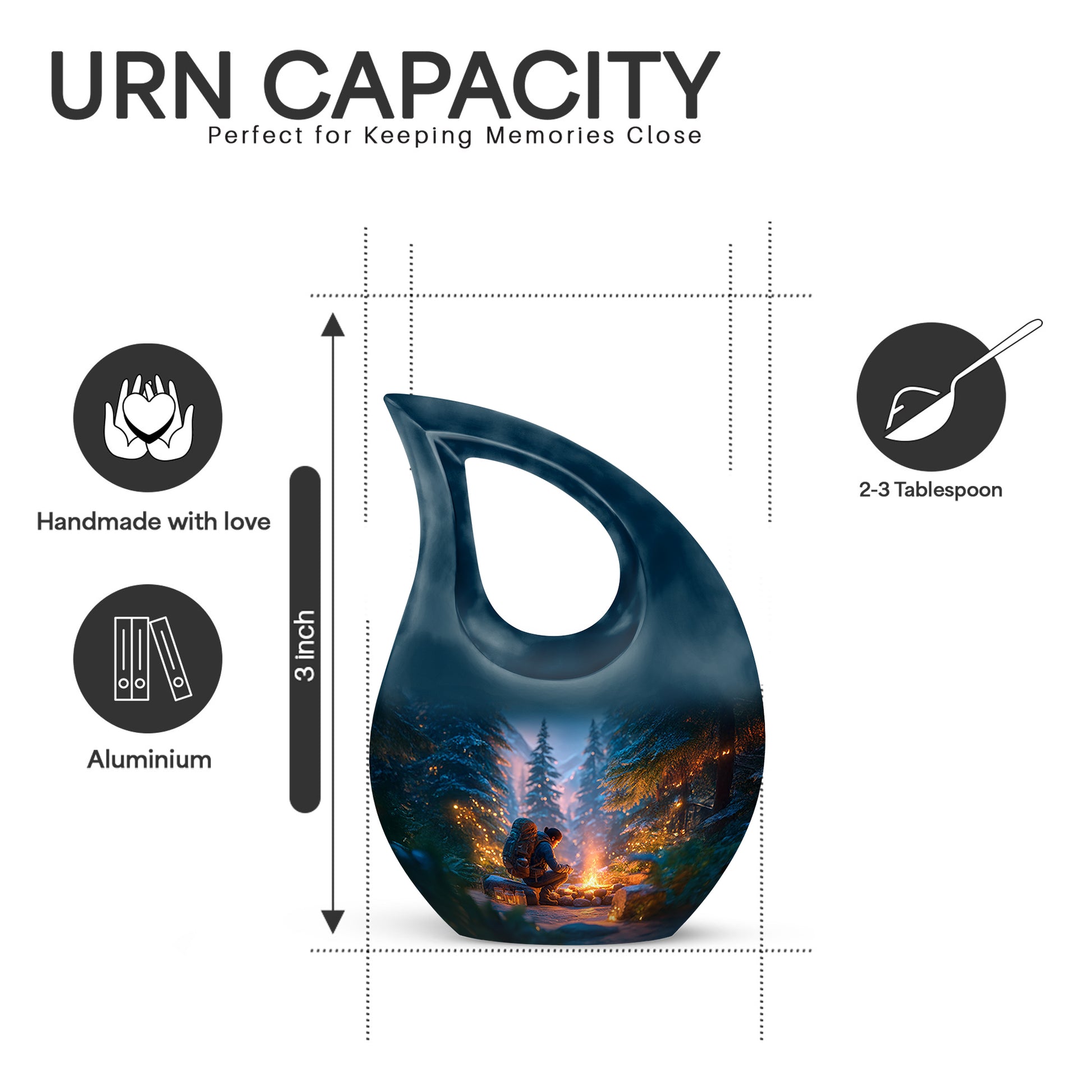 Bright Blue Campfire Cremation Urn back view with polished surface - devotional cross-drop campfire engraving - mini keepsake memorial for portion of cremation ashes
