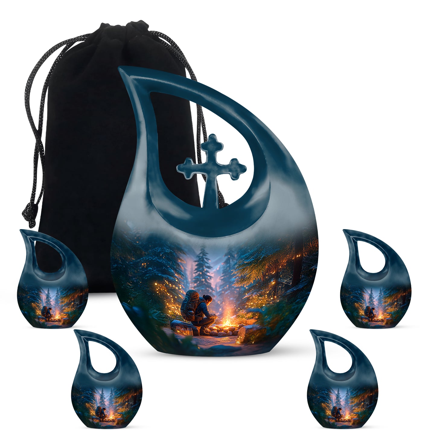Sapphire Blue Campfire Cremation Urn urn with complimentary velvet bag - faith-inspired cross-drop urn with campfire pattern - memorial set with one large and four small urns