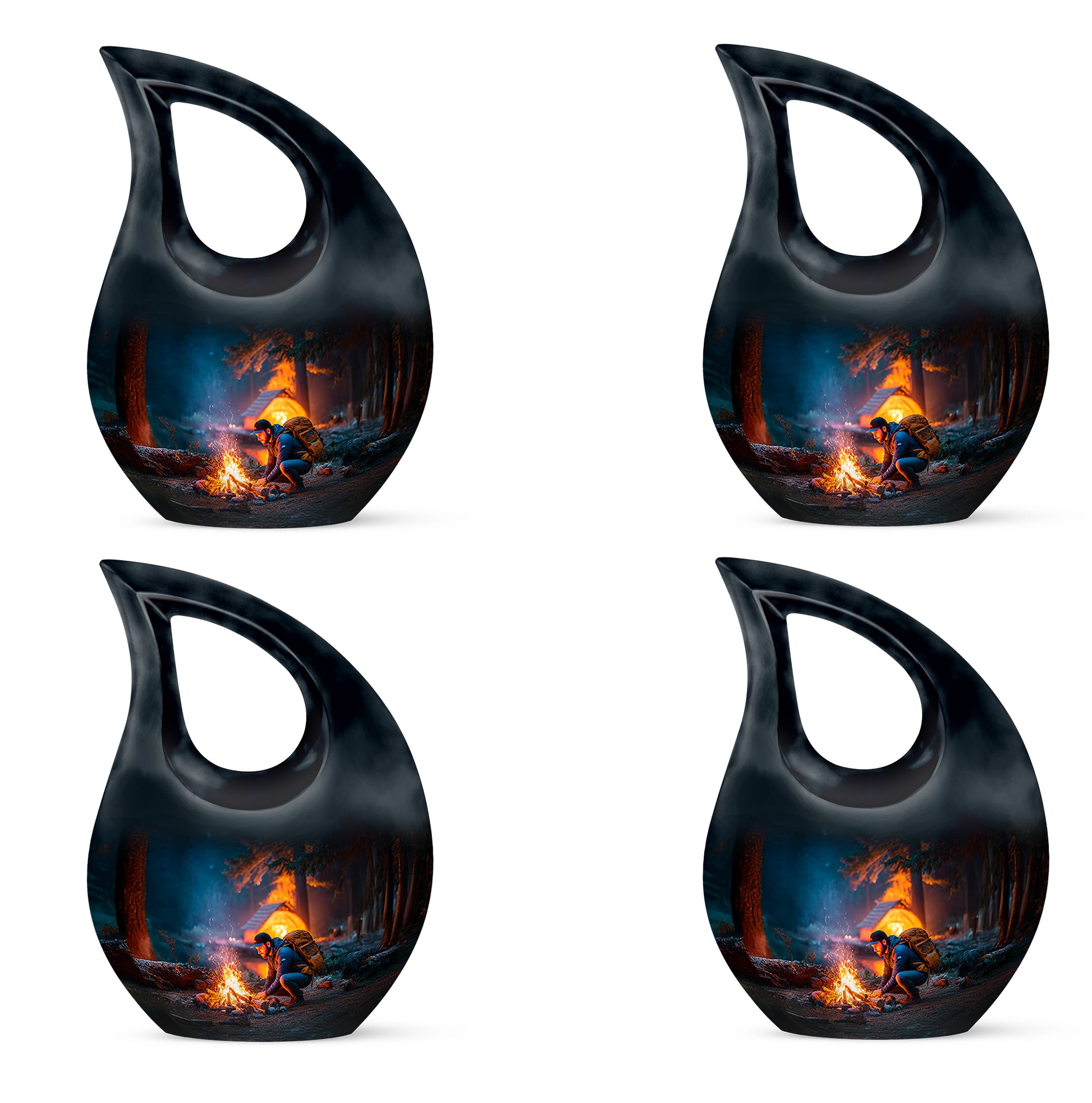 Serene Blue Campfire Cremation Urn lifestyle display on memorial shelf - faith-inspired cross-drop urn with campfire pattern - 10 inch aluminum urn for cremated remains