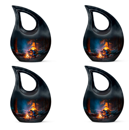 Serene Blue Campfire Cremation Urn lifestyle display on memorial shelf - faith-inspired cross-drop urn with campfire pattern - 10 inch aluminum urn for cremated remains