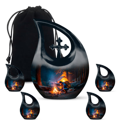 Slate Blue Campfire Cremation Urn urn with complimentary velvet bag - cross and campfire combined in spiritual memorial design - memorial set with one large and four small urns