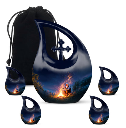 Royal Blue Campfire Cremation Urn urn with complimentary velvet bag - faith-inspired cross-drop urn with campfire pattern - memorial set with one large and four small urns