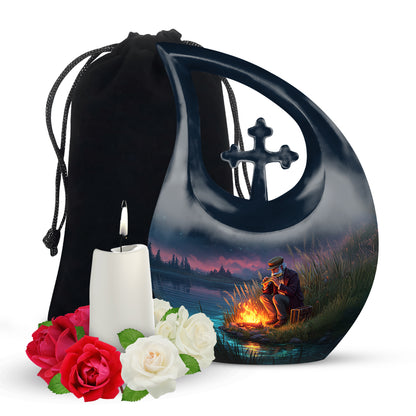 Slate Blue Campfire Cremation Urn top-down view of secure threaded lid - sacred cross merged with campfire motif on metal - full-size 10 inch 200 cubic inch adult cremation urn