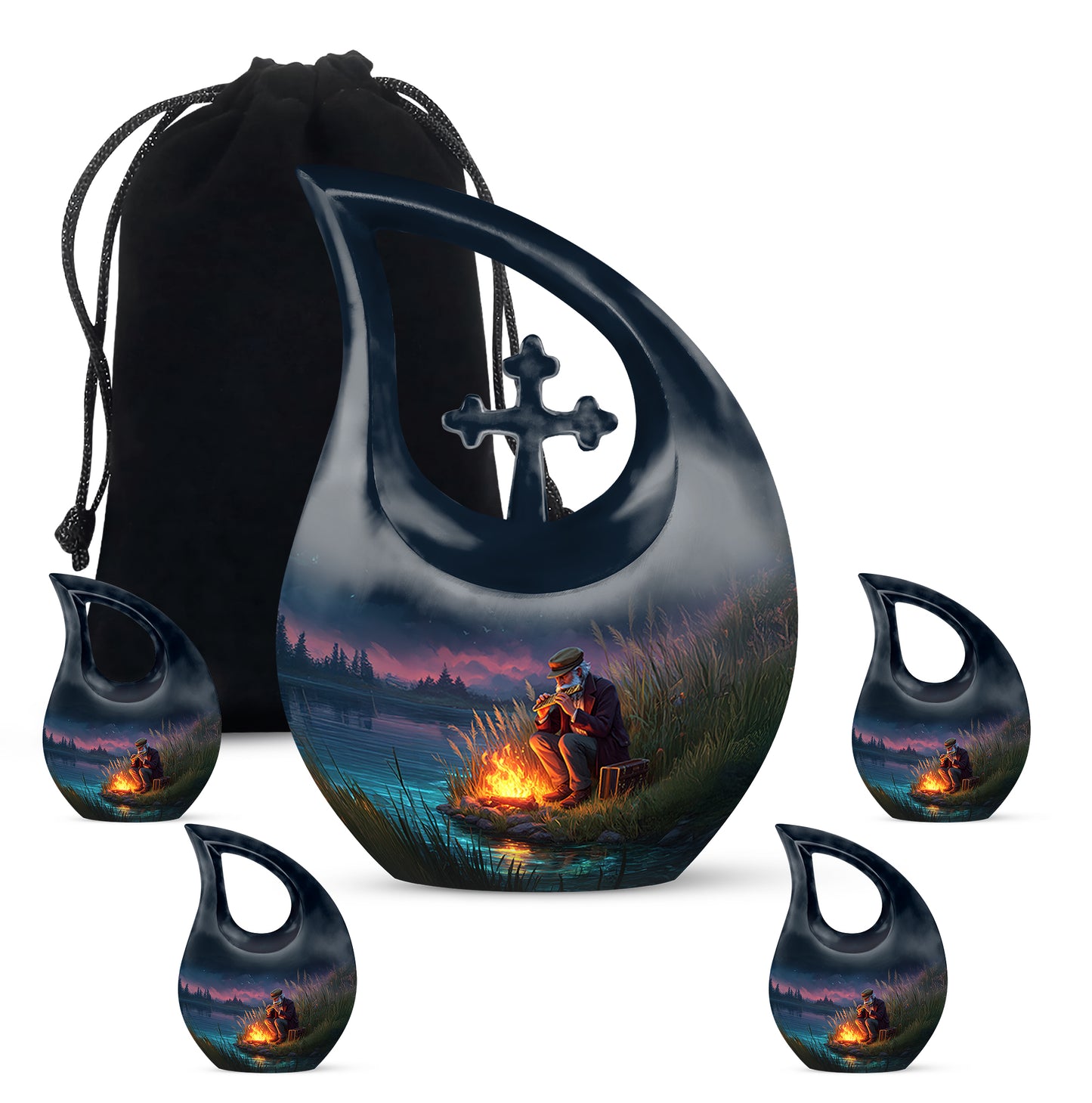 Vivid Blue Campfire Cremation Urn urn with complimentary velvet bag - faith-inspired cross-drop urn with campfire pattern - memorial set with one large and four small urns