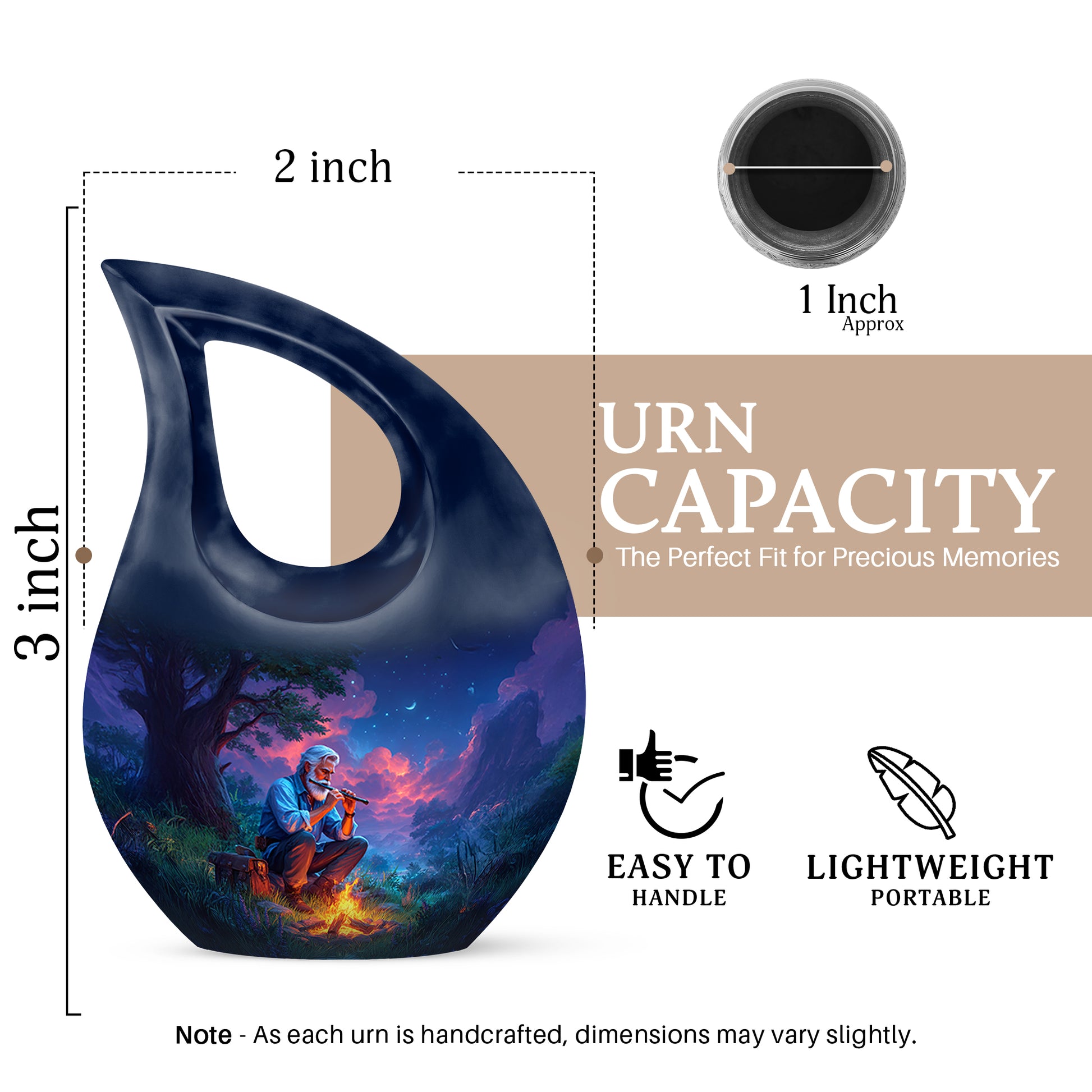 Soft Blue Campfire Cremation Urn back view with polished surface - faith-inspired cross-drop urn with campfire pattern - mini keepsake memorial for portion of cremation ashes
