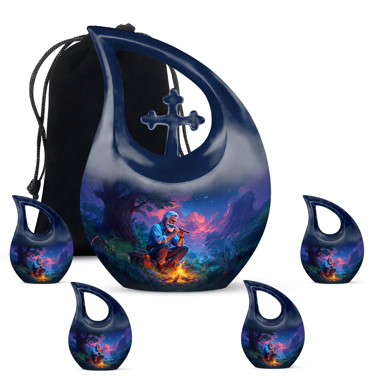Celestial Blue Campfire Cremation Urn urn with complimentary velvet bag - cross and campfire combined in spiritual memorial design - memorial set with one large and four small urns