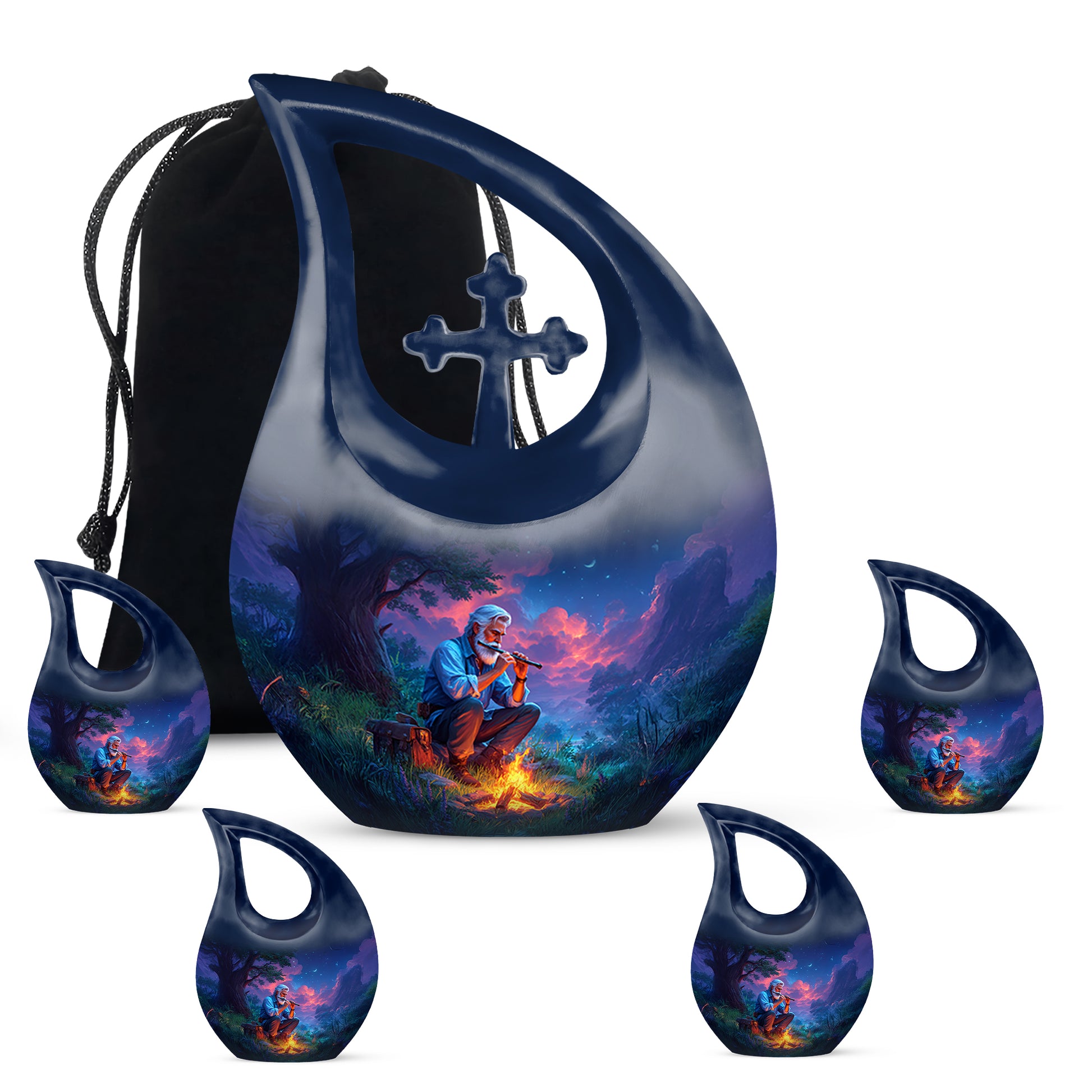 Celestial Blue Campfire Cremation Urn urn with complimentary velvet bag - cross and campfire combined in spiritual memorial design - memorial set with one large and four small urns