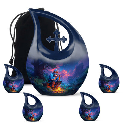 Celestial Blue Campfire Cremation Urn urn with complimentary velvet bag - cross and campfire combined in spiritual memorial design - memorial set with one large and four small urns