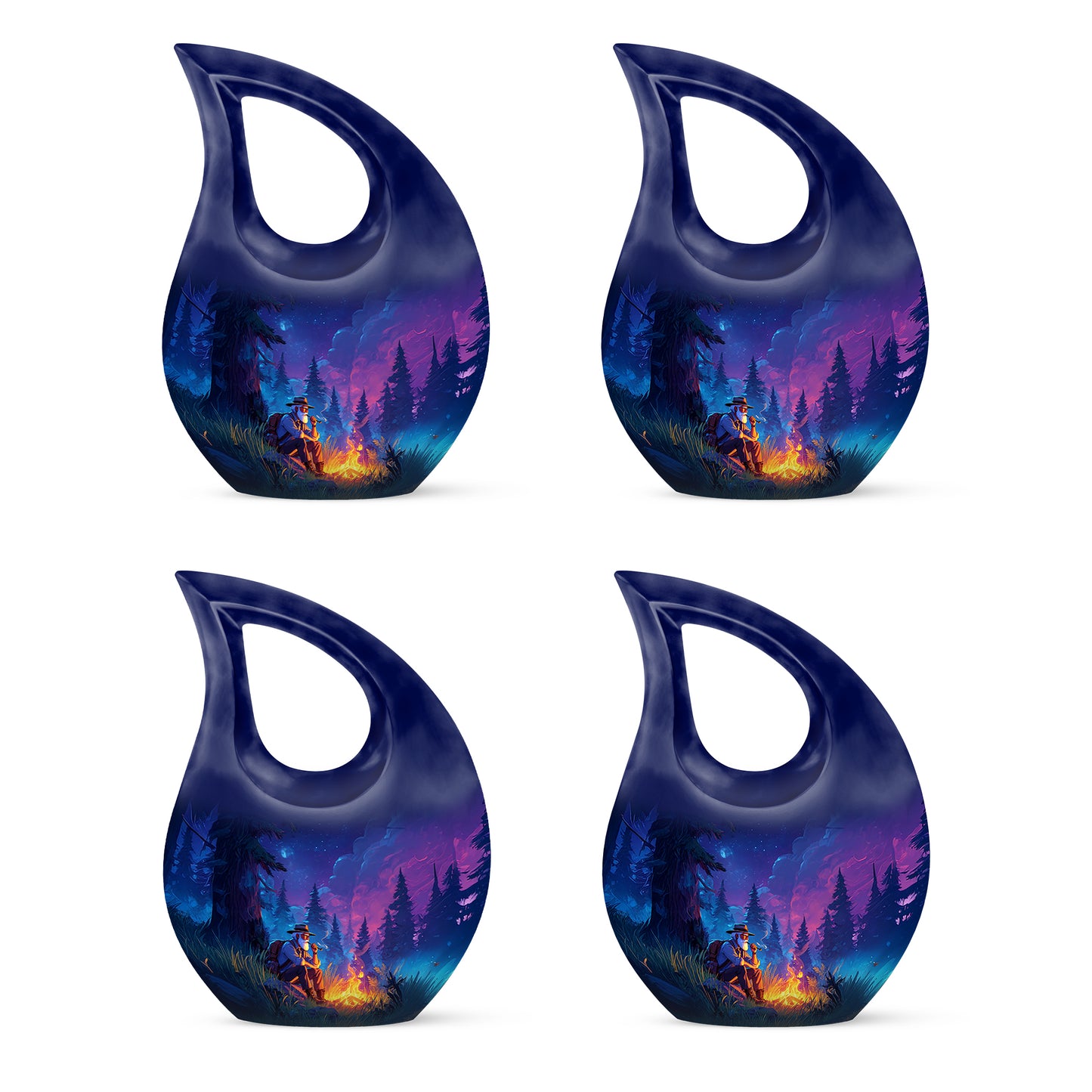 Bright Blue Campfire Cremation Urn lifestyle display on memorial shelf - faith-inspired cross-drop urn with campfire pattern - 10 inch aluminum urn for cremated remains
