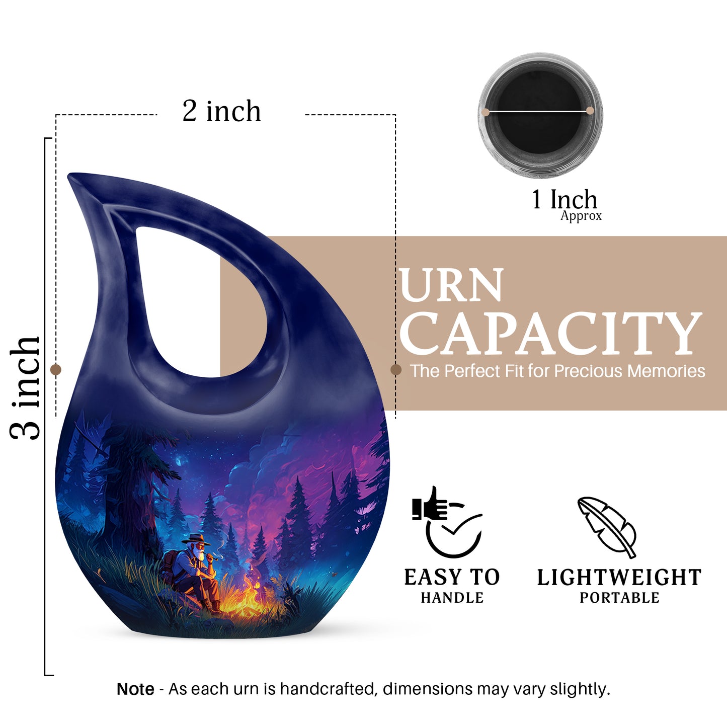 Sapphire Blue Campfire Cremation Urn back view with polished surface - faith-inspired cross-drop urn with campfire pattern - mini keepsake memorial for portion of cremation ashes