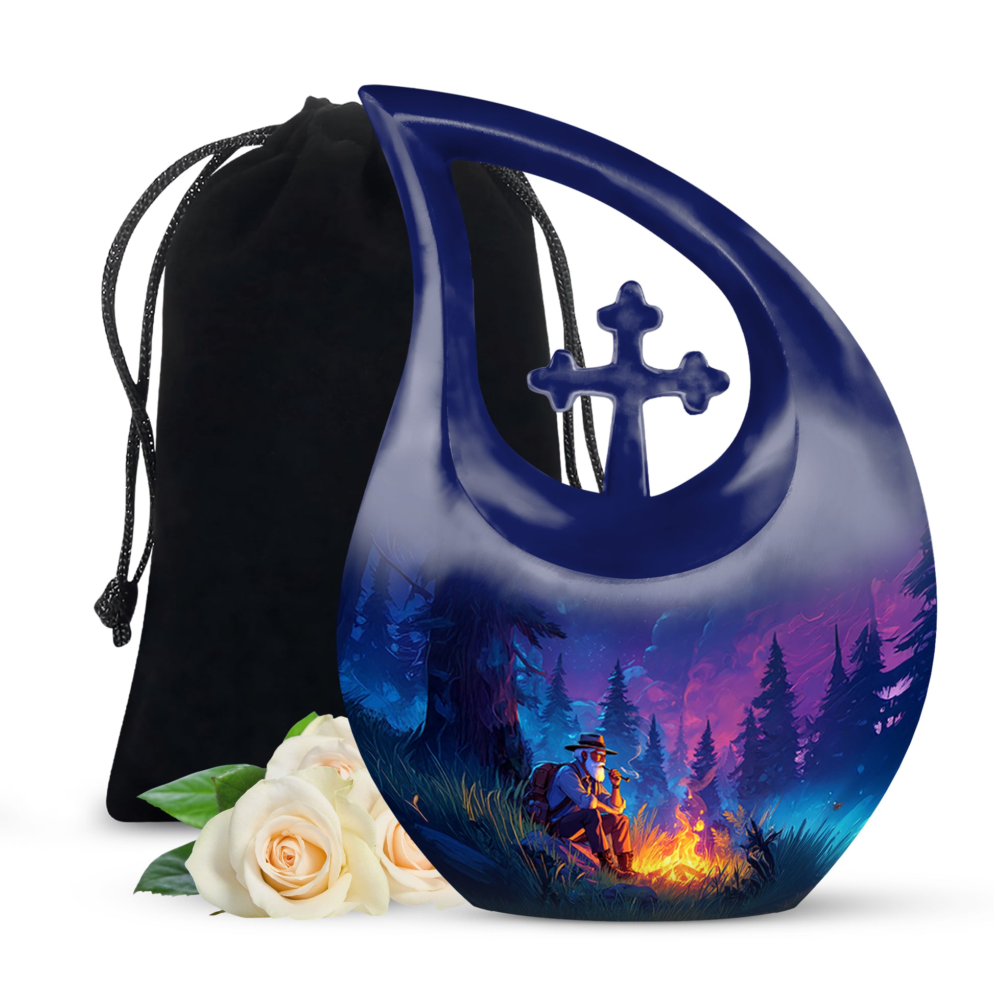 Vivid Blue Campfire Cremation Urn top-down view of secure threaded lid - devotional cross-drop campfire engraving - full-size 10 inch 200 cubic inch adult cremation urn
