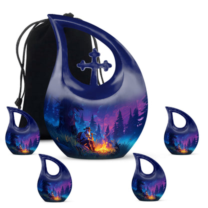 Sky Blue Campfire Cremation Urn urn with complimentary velvet bag - sacred cross merged with campfire motif on metal - memorial set with one large and four small urns