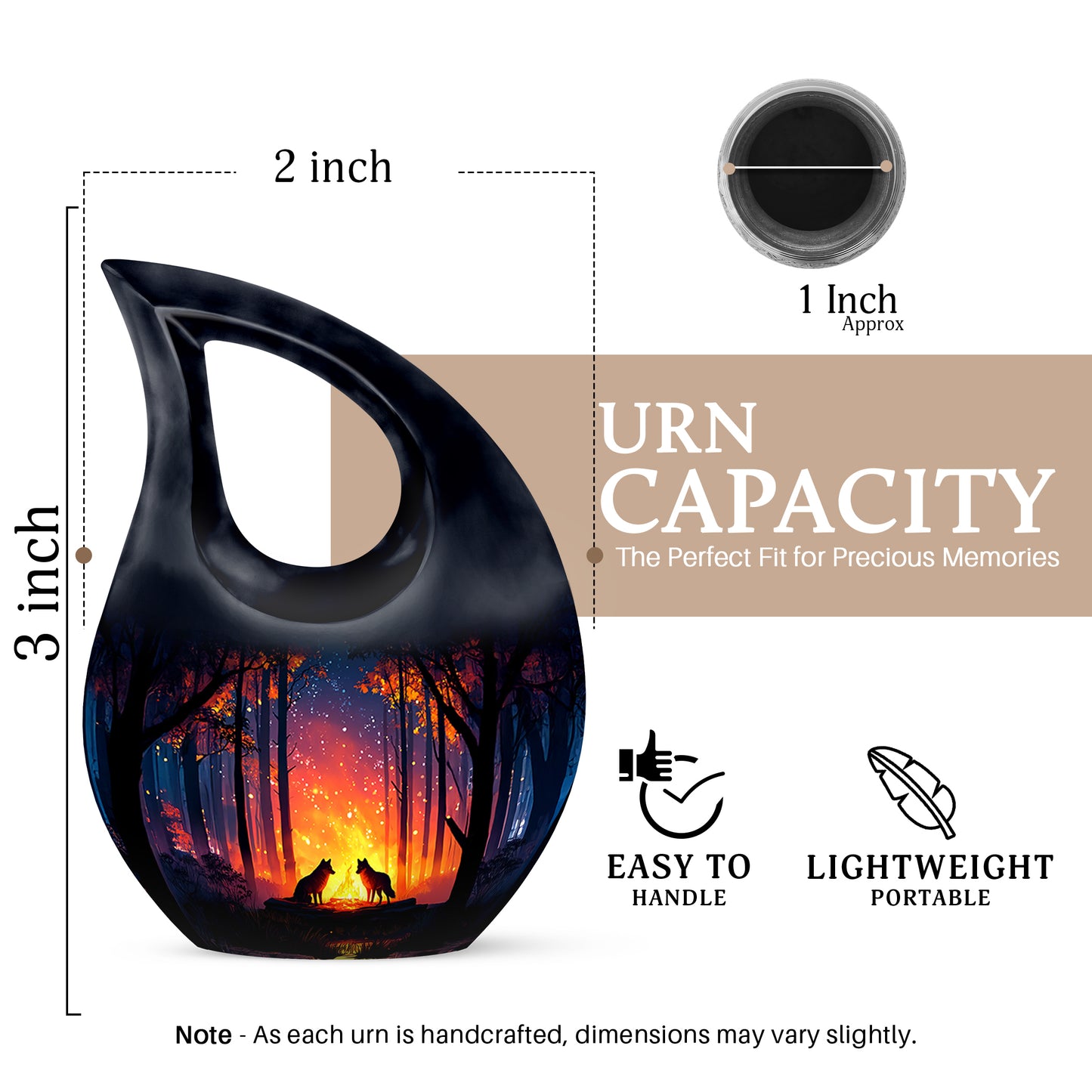 Calming Blue Campfire Cremation Urn back view with polished surface - devotional cross-drop campfire engraving - mini keepsake memorial for portion of cremation ashes
