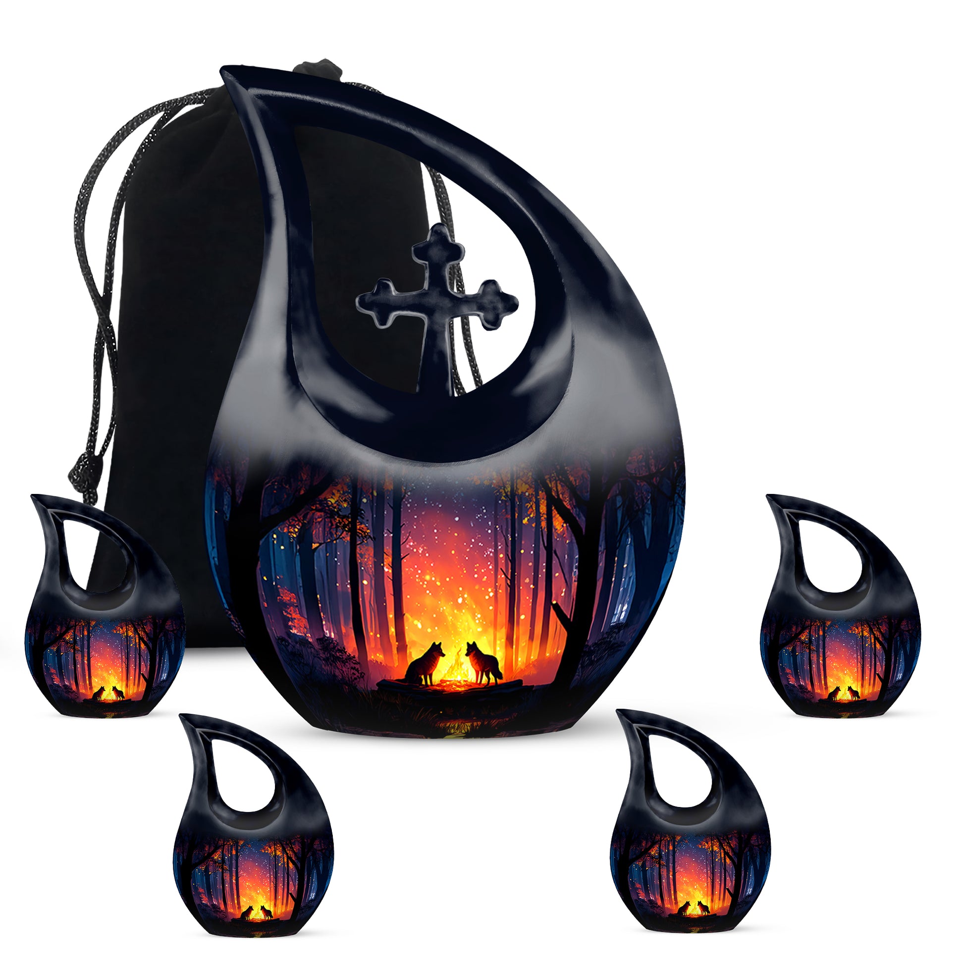 Sapphire Blue Campfire Cremation Urn urn with complimentary velvet bag - faith-inspired cross-drop urn with campfire pattern - memorial set with one large and four small urns
