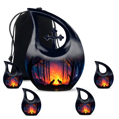 Sapphire Blue Campfire Cremation Urn urn with complimentary velvet bag - faith-inspired cross-drop urn with campfire pattern - memorial set with one large and four small urns