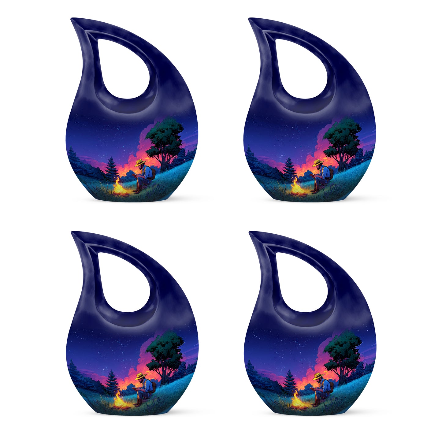 Cobalt Blue Campfire Cremation Urn lifestyle display on memorial shelf - devotional cross-drop campfire engraving - 10 inch aluminum urn for cremated remains