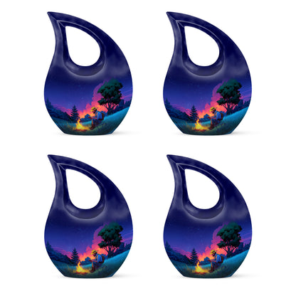 Cobalt Blue Campfire Cremation Urn lifestyle display on memorial shelf - devotional cross-drop campfire engraving - 10 inch aluminum urn for cremated remains