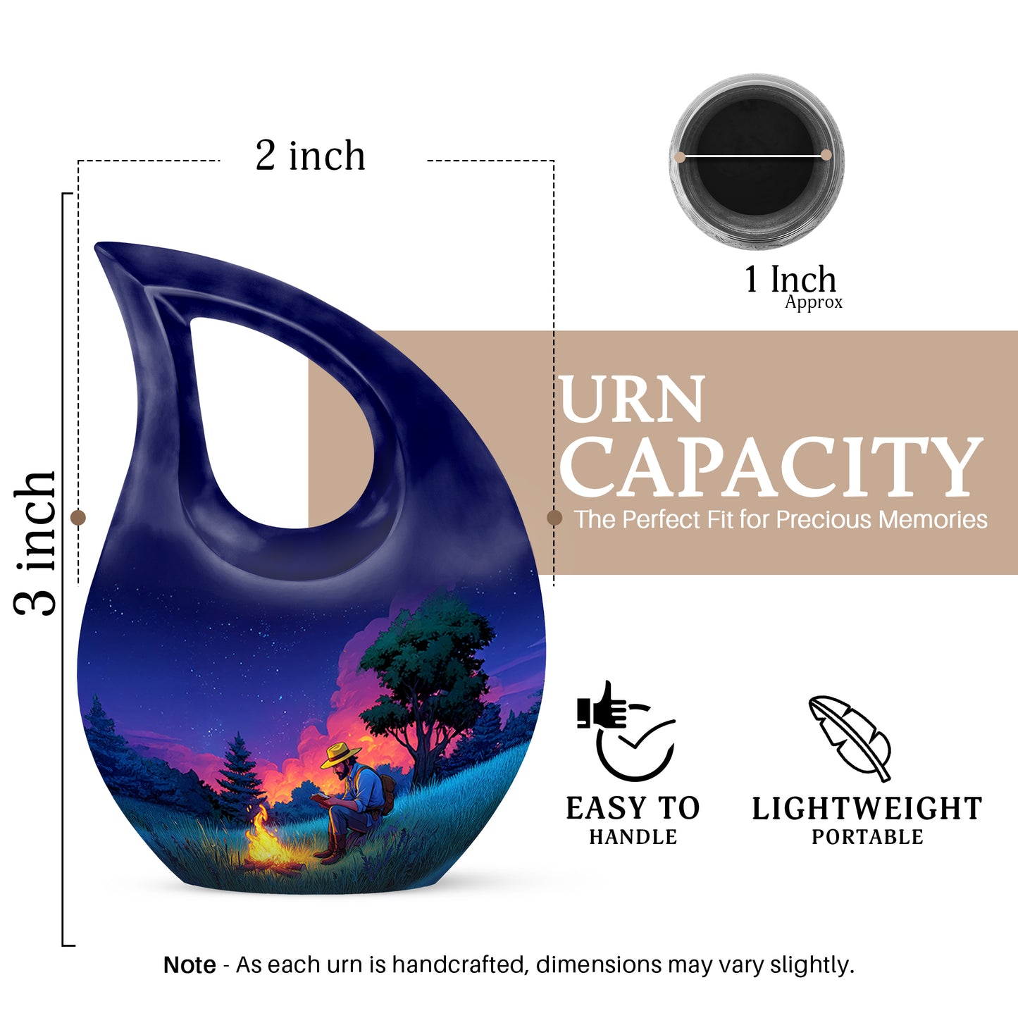 Vivid Blue Campfire Cremation Urn back view with polished surface - devotional cross-drop campfire engraving - mini keepsake memorial for portion of cremation ashes