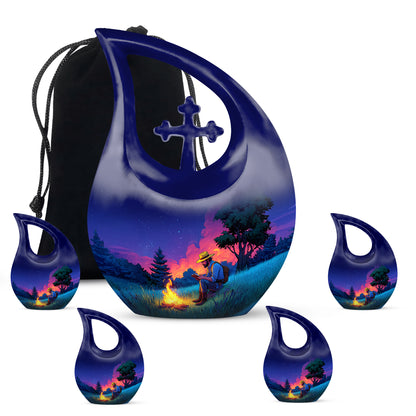 Twilight Blue Campfire Cremation Urn urn with complimentary velvet bag - faith-inspired cross-drop urn with campfire pattern - memorial set with one large and four small urns