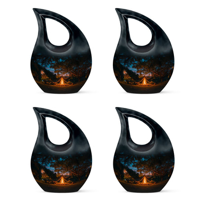Royal Blue Campfire Cremation Urn lifestyle display on memorial shelf - devotional cross-drop campfire engraving - 10 inch aluminum urn for cremated remains