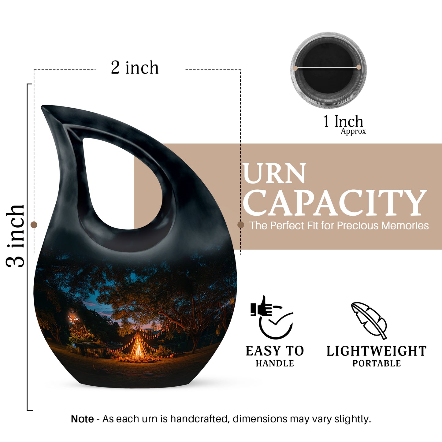 Misty Blue Campfire Cremation Urn back view with polished surface - cross and campfire combined in spiritual memorial design - mini keepsake memorial for portion of cremation ashes