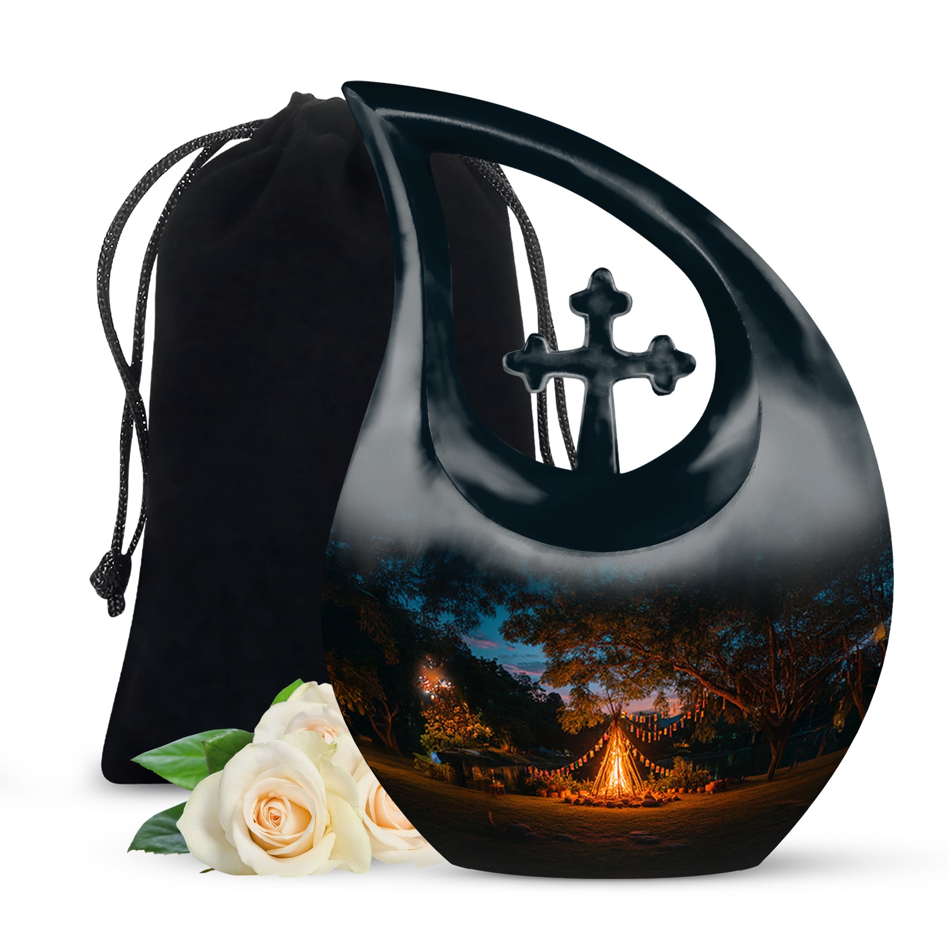 Cornflower Blue Campfire Cremation Urn top-down view of secure threaded lid - devotional cross-drop campfire engraving - full-size 10 inch 200 cubic inch adult cremation urn