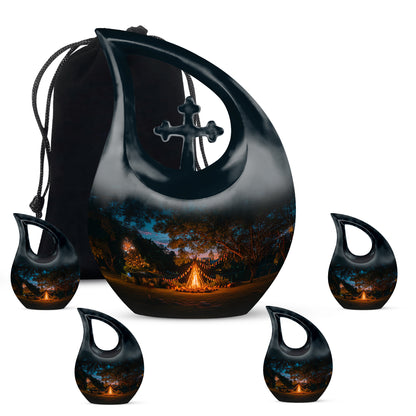 Navy Blue Campfire Cremation Urn urn with complimentary velvet bag - sacred cross merged with campfire motif on metal - memorial set with one large and four small urns