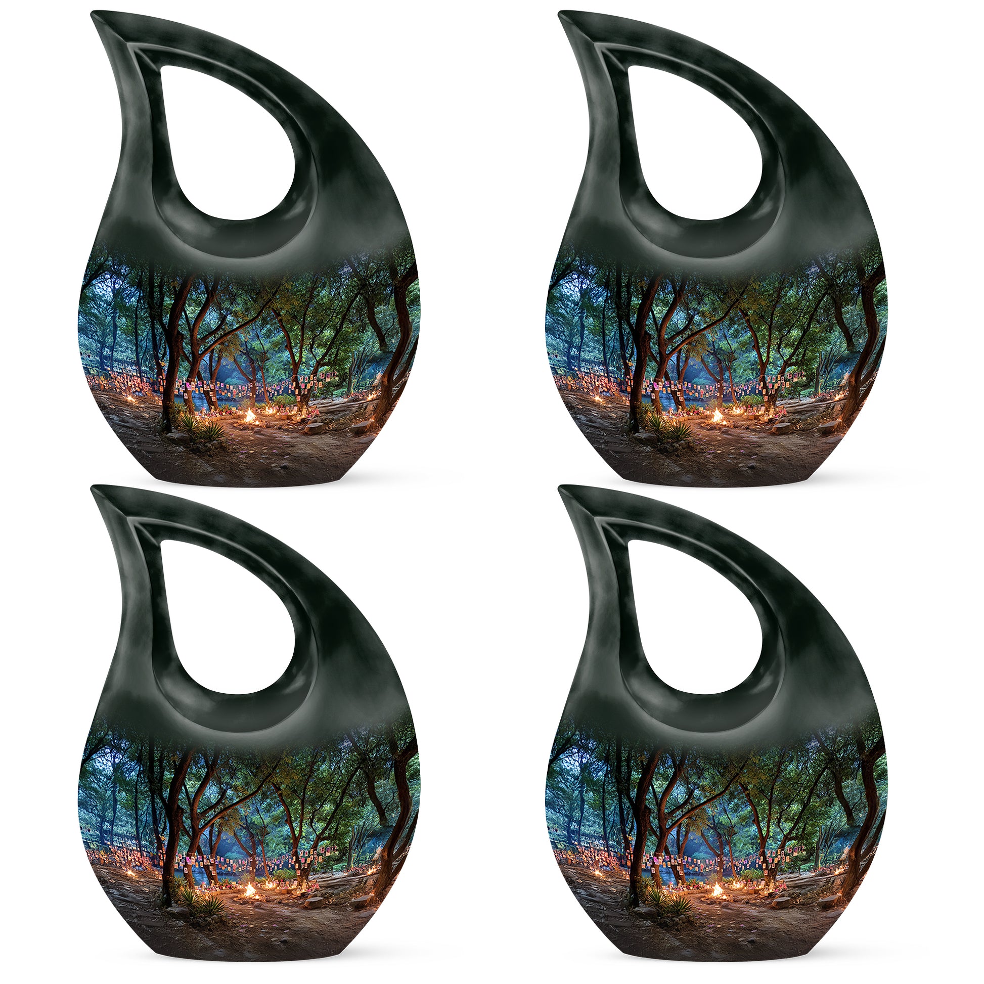 Deep Black Campfire Cremation Urn lifestyle display on memorial shelf - sacred cross merged with campfire motif on metal - 10 inch aluminum urn for cremated remains