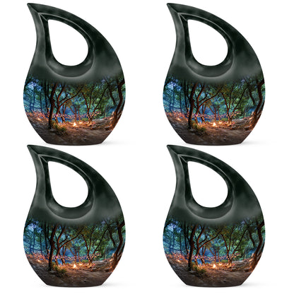 Deep Black Campfire Cremation Urn lifestyle display on memorial shelf - sacred cross merged with campfire motif on metal - 10 inch aluminum urn for cremated remains