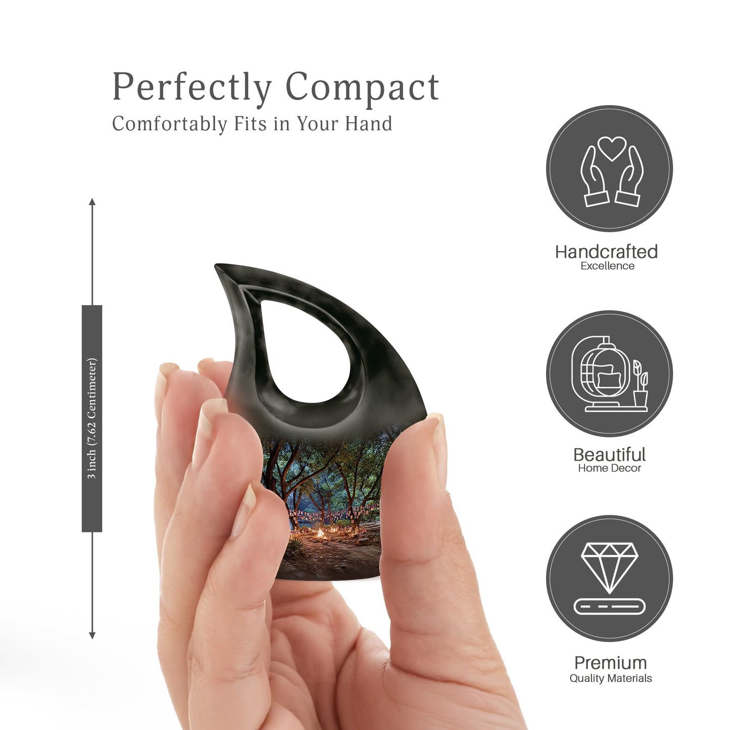 Midnight Black Campfire Cremation Urn back view with polished surface - devotional cross-drop campfire engraving - mini keepsake memorial for portion of cremation ashes