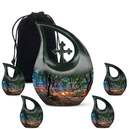 Glossy Black Campfire Cremation Urn urn with complimentary velvet bag - sacred cross merged with campfire motif on metal - memorial set with one large and four small urns