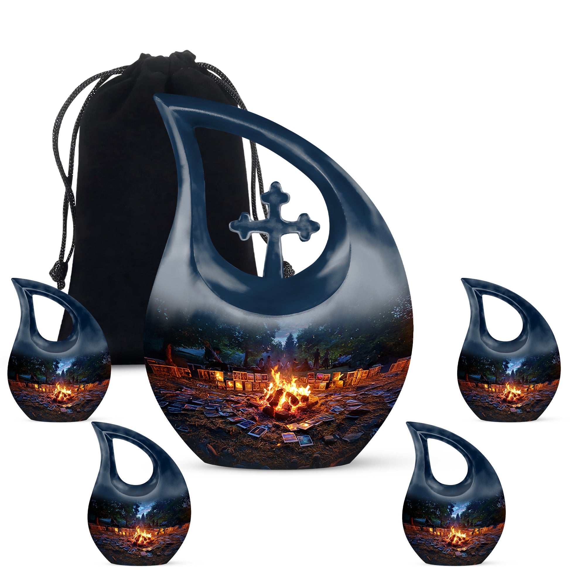 Soft Blue Campfire Cremation Urn urn with complimentary velvet bag - devotional cross-drop campfire engraving - memorial set with one large and four small urns