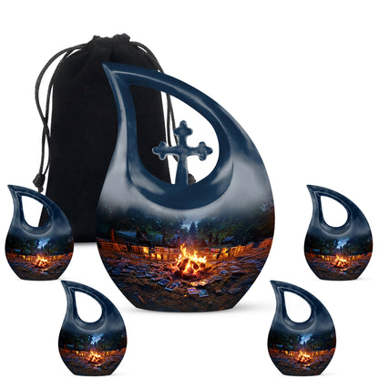 Soft Blue Campfire Cremation Urn urn with complimentary velvet bag - devotional cross-drop campfire engraving - memorial set with one large and four small urns