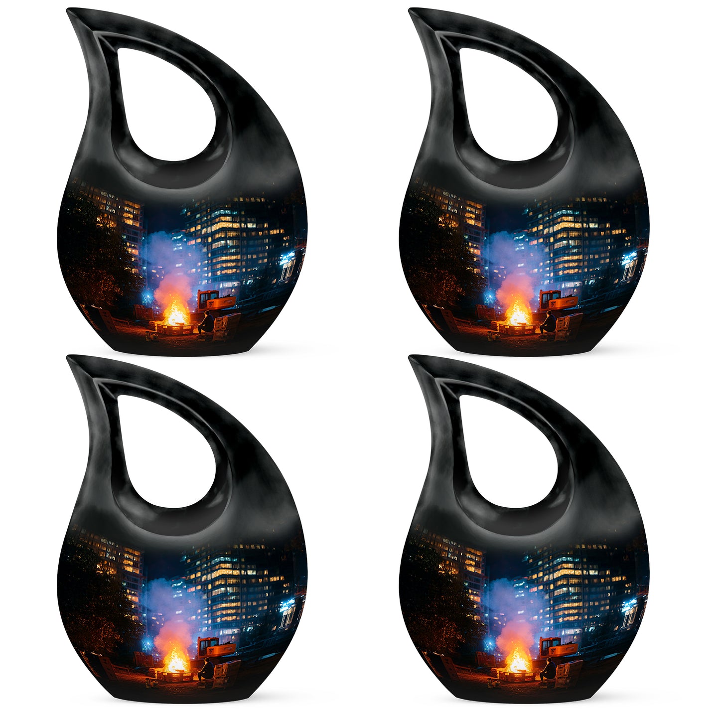 Midnight Black Campfire Cremation Urn lifestyle display on memorial shelf - devotional cross-drop campfire engraving - 10 inch aluminum urn for cremated remains