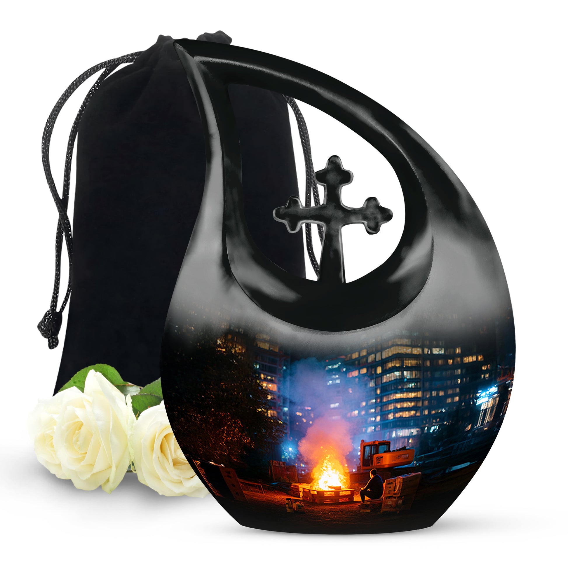 Glossy Black Campfire Cremation Urn top-down view of secure threaded lid - sacred cross merged with campfire motif on metal - full-size 10 inch 200 cubic inch adult cremation urn
