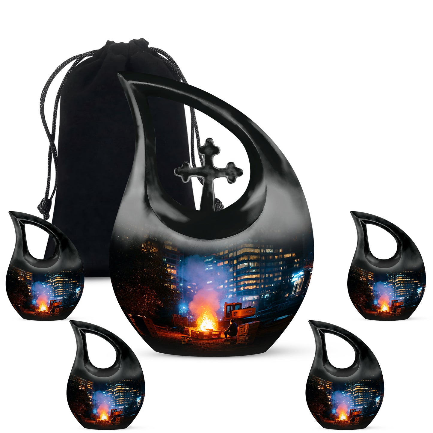 Ebony Campfire Cremation Urn urn with complimentary velvet bag - sacred cross merged with campfire motif on metal - memorial set with one large and four small urns