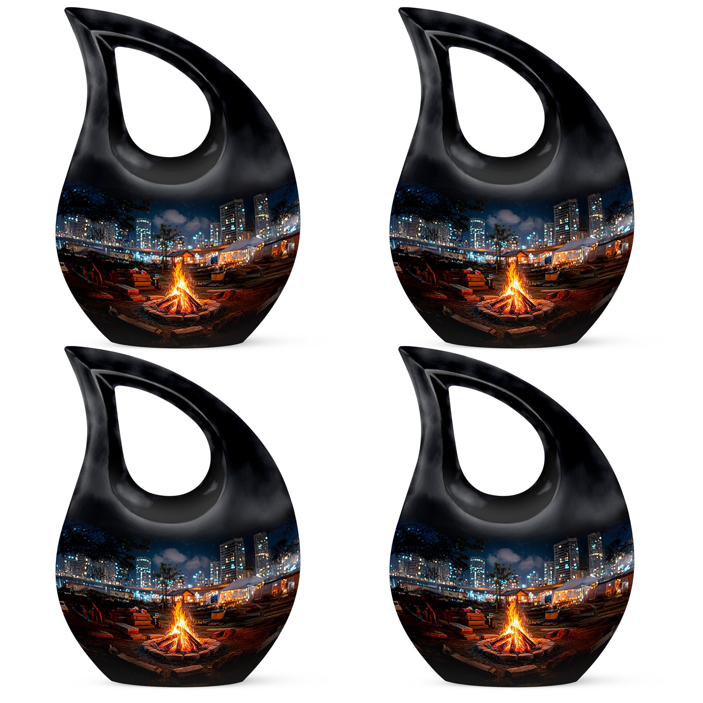 Deep Black Campfire Cremation Urn lifestyle display on memorial shelf - sacred cross merged with campfire motif on metal - 10 inch aluminum urn for cremated remains