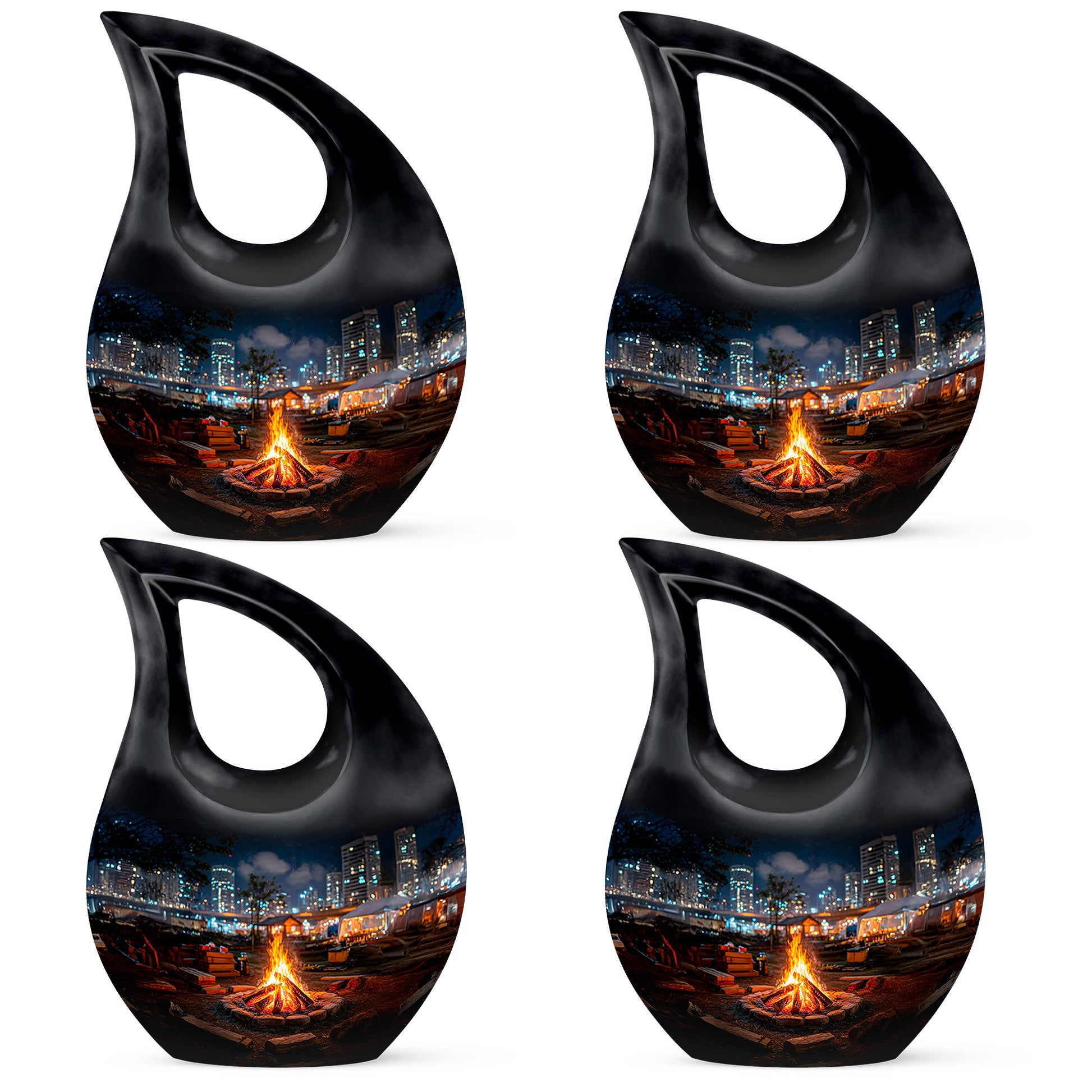 Deep Black Campfire Cremation Urn lifestyle display on memorial shelf - sacred cross merged with campfire motif on metal - 10 inch aluminum urn for cremated remains