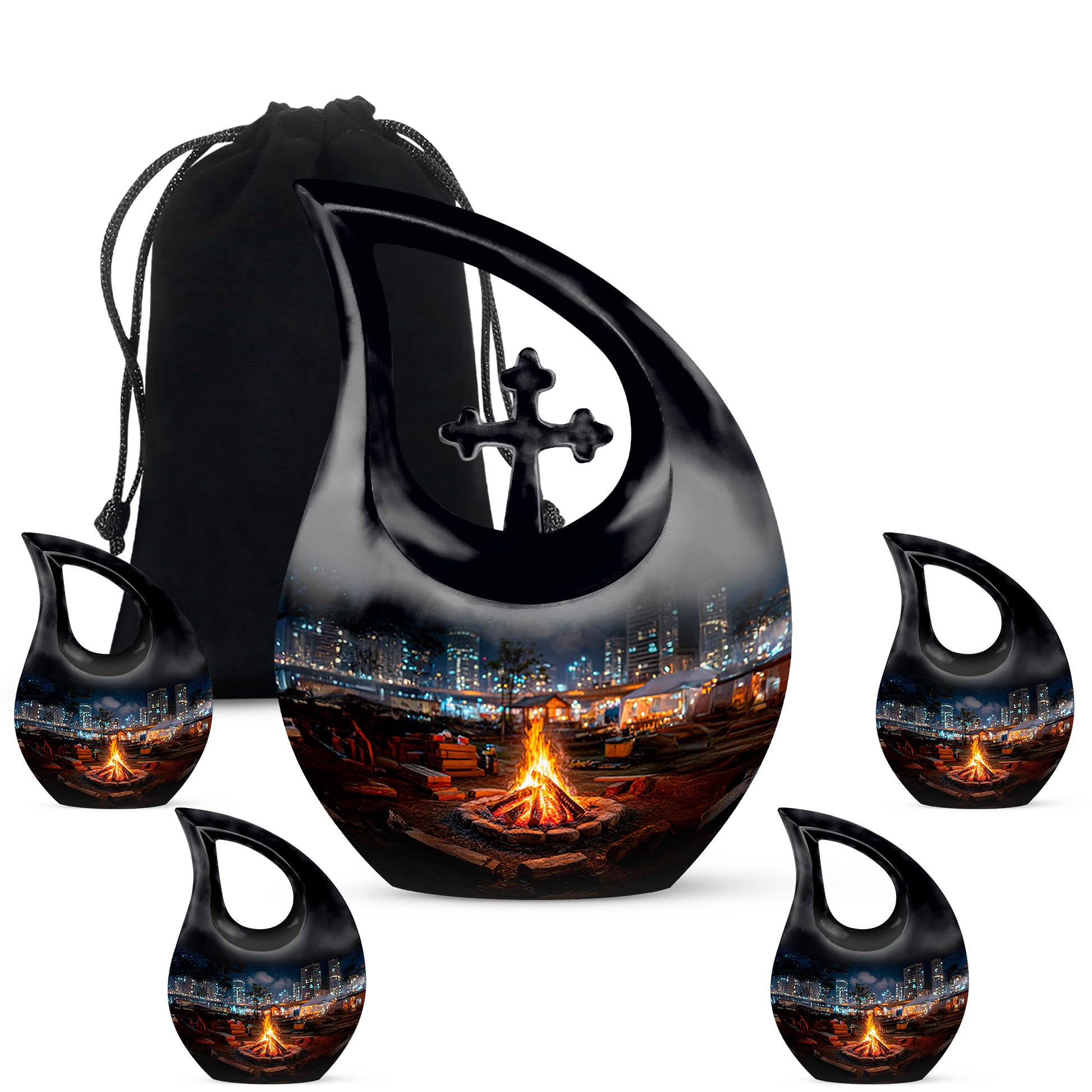 Dark Black Campfire Cremation Urn urn with complimentary velvet bag - faith-inspired cross-drop urn with campfire pattern - memorial set with one large and four small urns