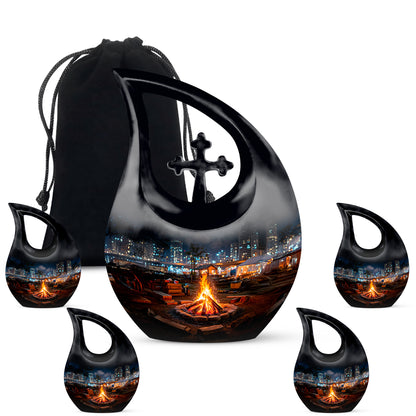 Dark Black Campfire Cremation Urn urn with complimentary velvet bag - faith-inspired cross-drop urn with campfire pattern - memorial set with one large and four small urns