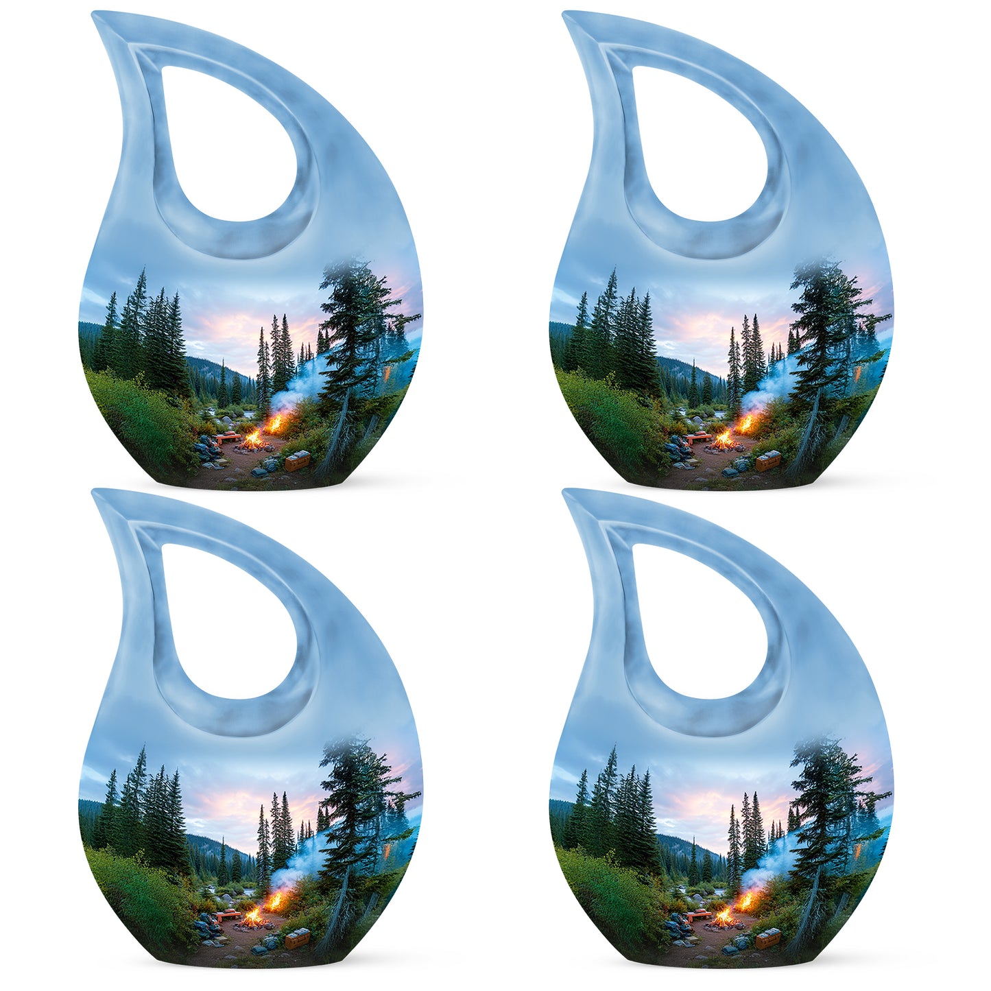 Calming Blue Campfire Cremation Urn lifestyle display on memorial shelf - faith-inspired cross-drop urn with campfire pattern - 10 inch aluminum urn for cremated remains