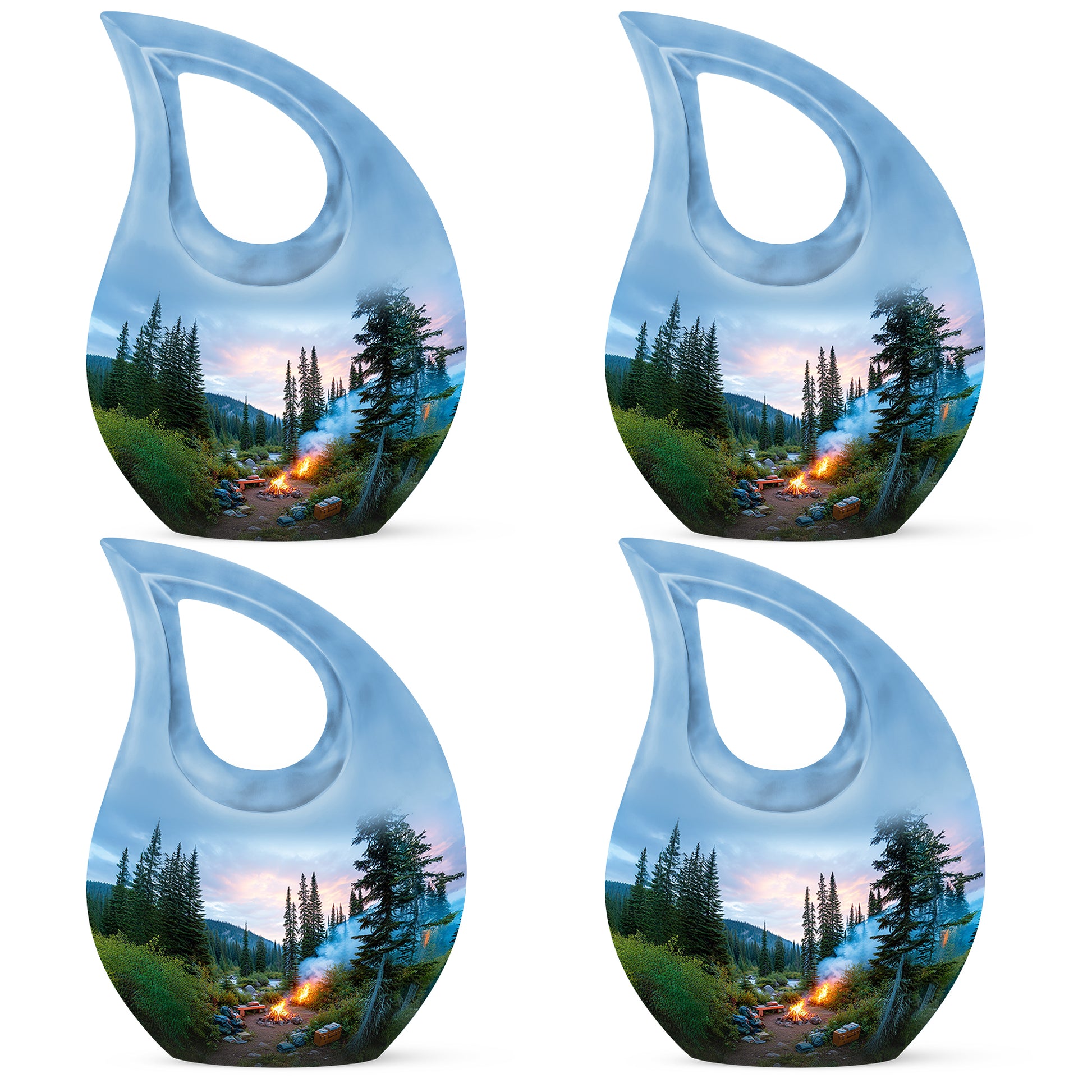 Calming Blue Campfire Cremation Urn lifestyle display on memorial shelf - faith-inspired cross-drop urn with campfire pattern - 10 inch aluminum urn for cremated remains